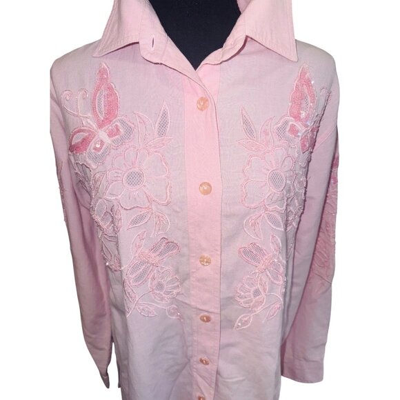 VTG Western Quacker Factory Pink Cut Out Sequin Shirt Butterfly Coastal Cowgirl - Picture 2 of 10